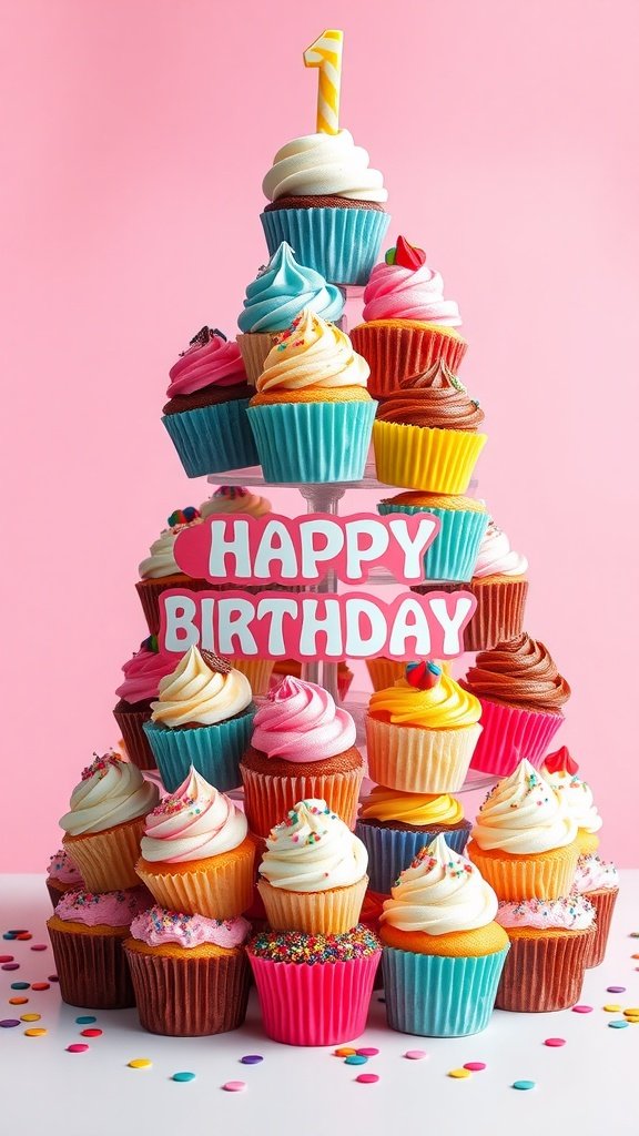 A vibrant tower of assorted cupcakes with a 'Happy Birthday' sign on a pink background.
