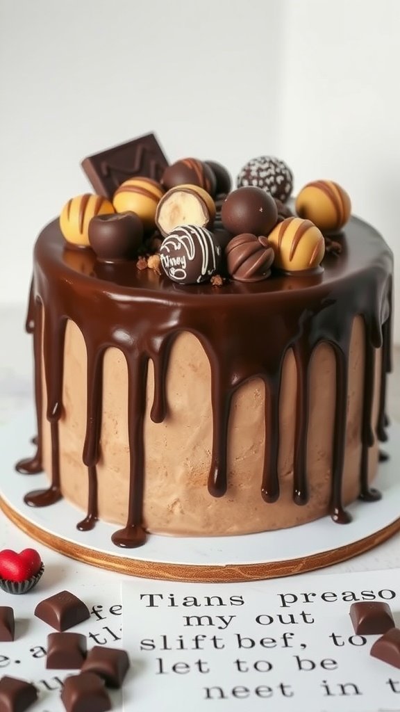 A delicious chocolate drip cake topped with various chocolate truffles
