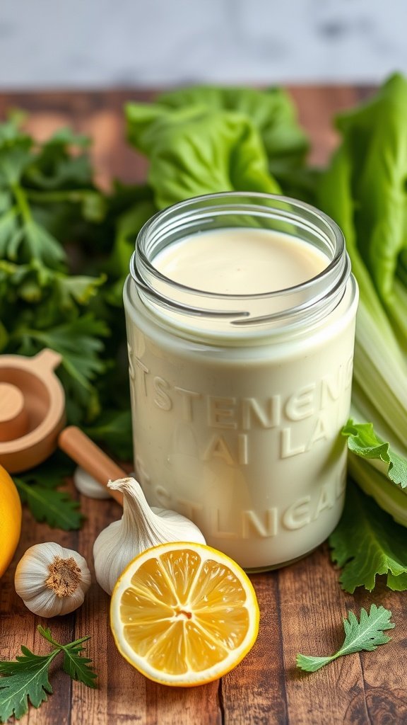 A jar of creamy dairy-free Caesar dressing surrounded by fresh ingredients.