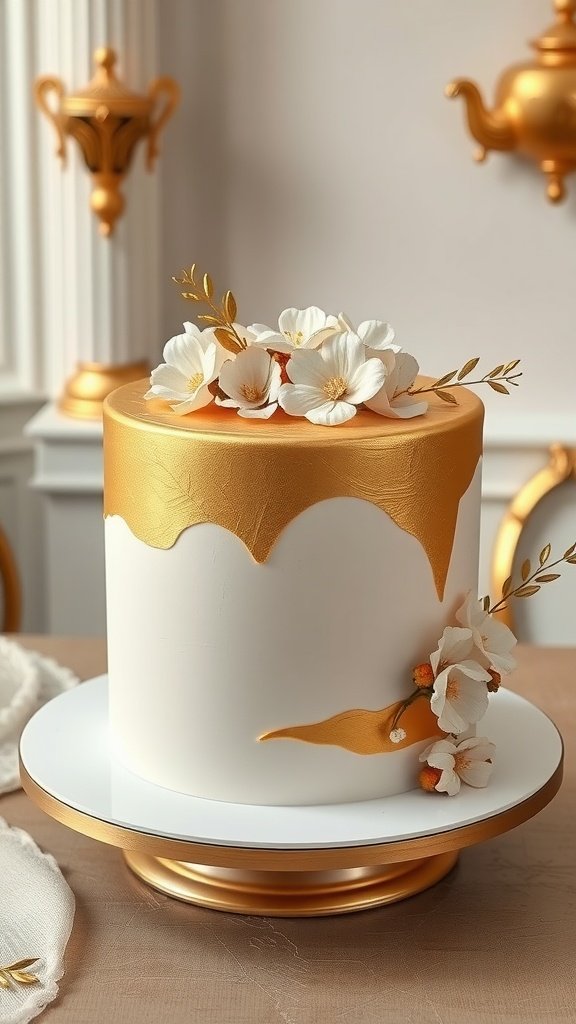 An elegant gold and white birthday cake adorned with flowers and gold accents.
