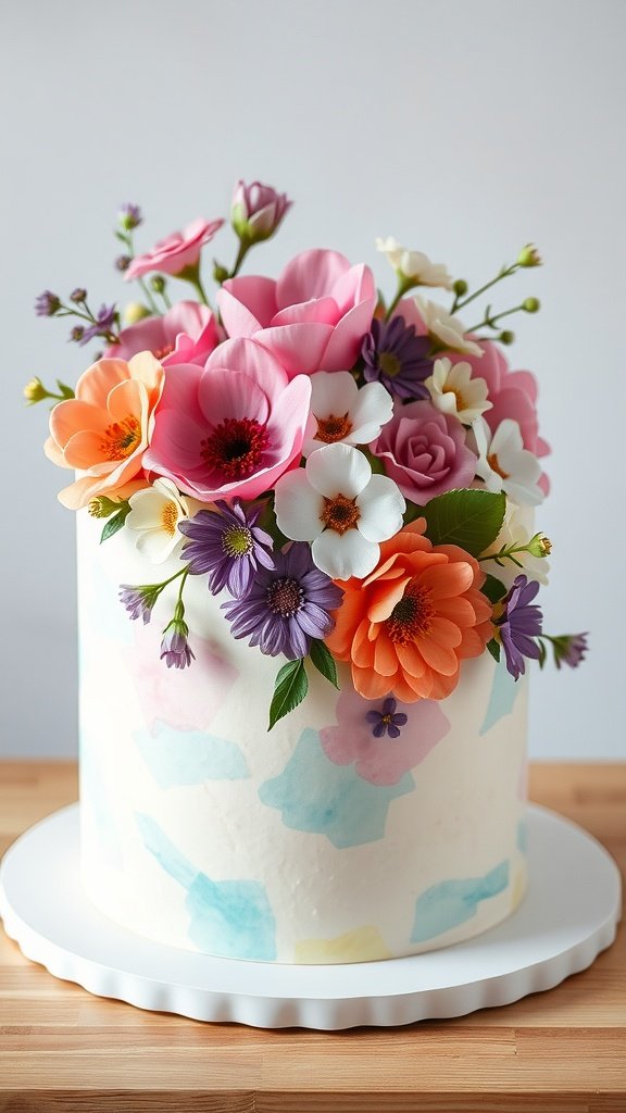 A beautifully designed cake with colorful flowers on top, showcasing a floral watercolor theme.