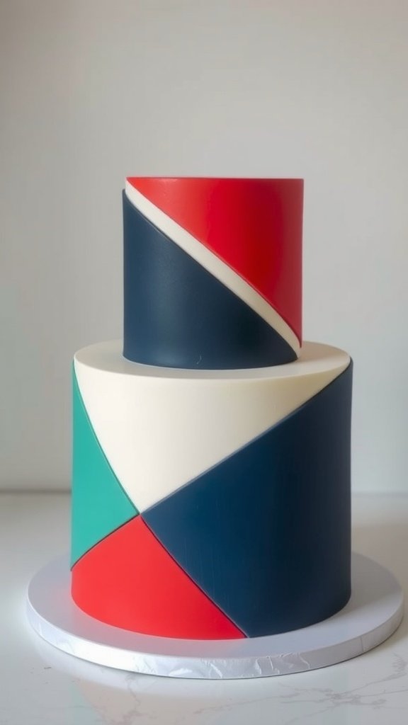 A two-tiered geometric fondant cake with red, navy, white, and teal colors.