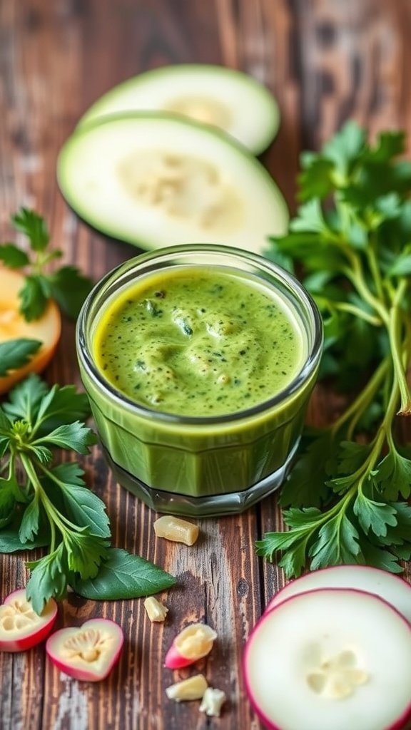 A fresh green dressing in a glass surrounded by herbs and sliced vegetables.