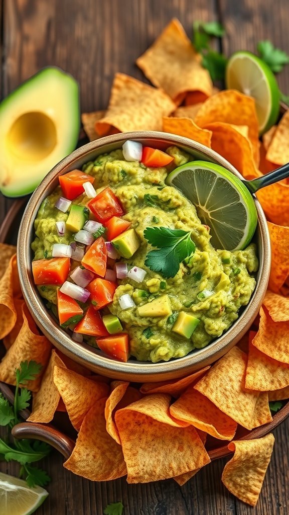 Bowl of guacamole surrounded by tortilla chips and garnished with diced tomatoes and lime.