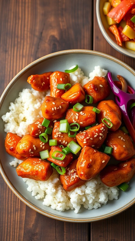 A bowl of Korean Spicy Chili Chicken served over rice with green onions and sesame seeds.
