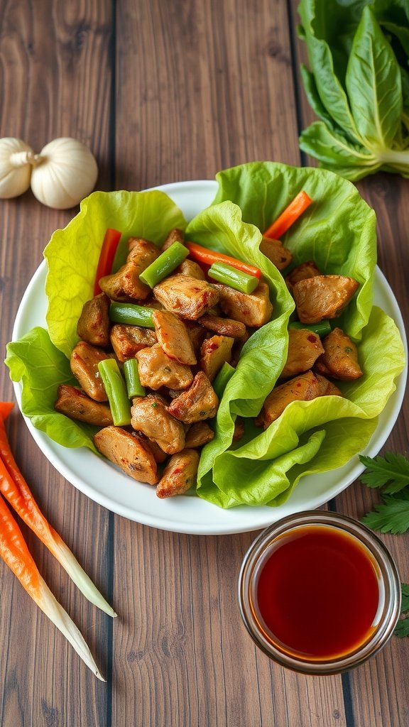 A plate of Moo Shu Chicken served in lettuce wraps with colorful vegetables and dipping sauce.