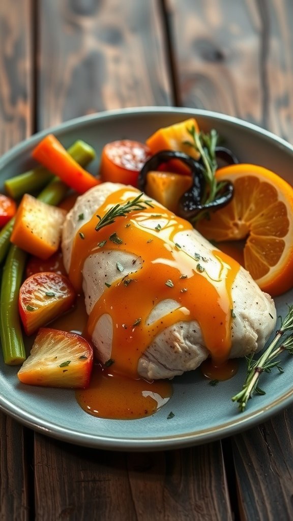 Plate of orange dijon chicken with vegetables