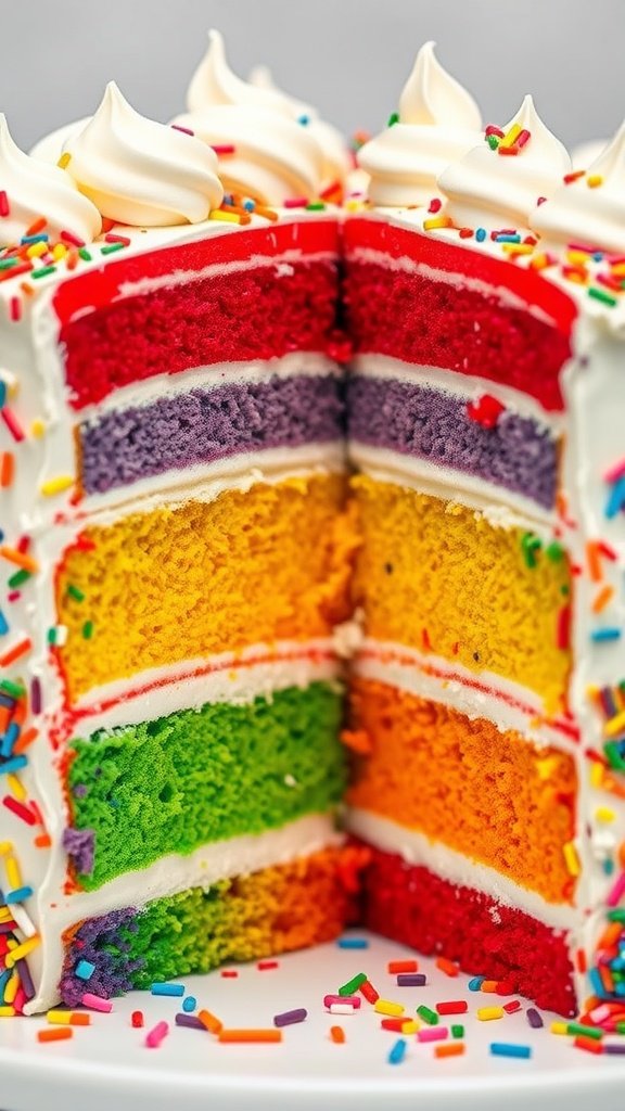 A colorful rainbow layer cake with red, orange, yellow, green, blue, and purple layers, topped with white frosting and sprinkles.