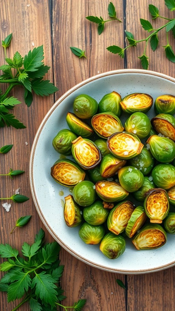 A bowl of roasted Brussels sprouts seasoned with olive oil and spices.