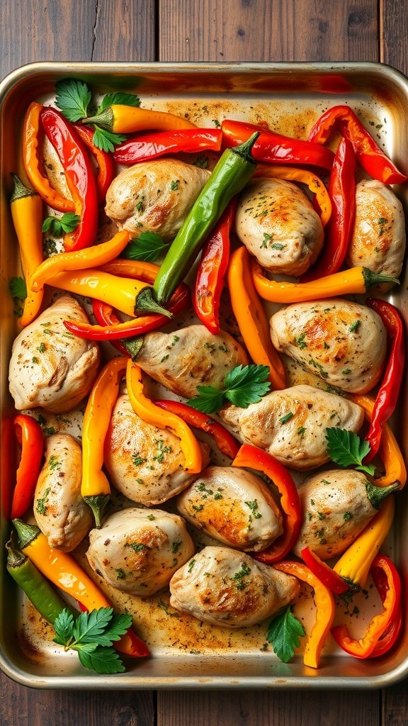 A delicious sheet pan meal featuring Italian chicken and colorful bell peppers.