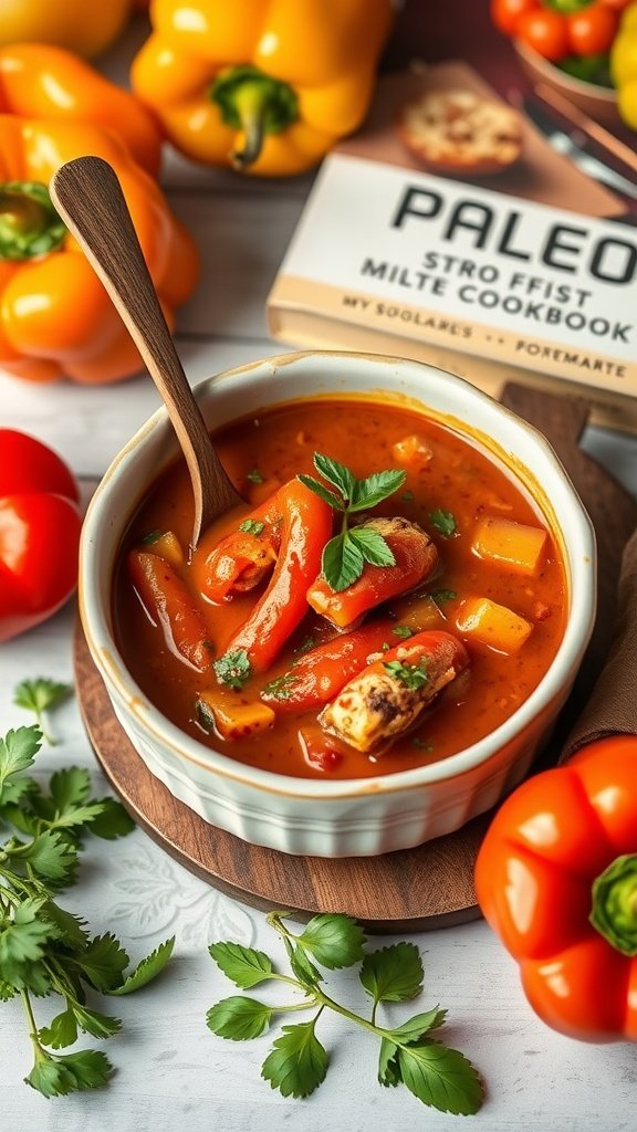 A bowl of stuffed pepper soup with colorful bell peppers and fresh herbs around it.