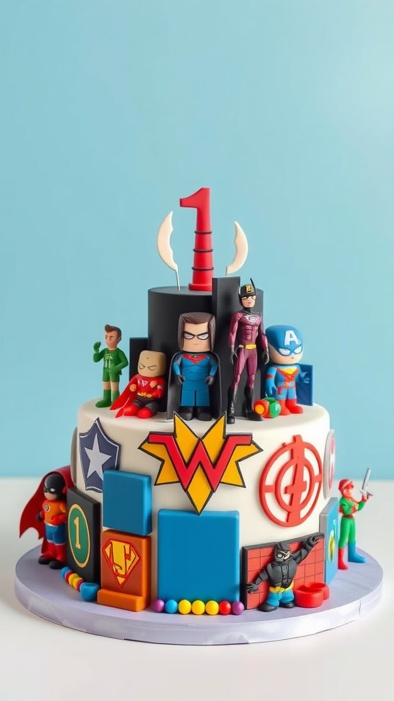 A colorful superhero themed birthday cake with action figures and themed decorations.