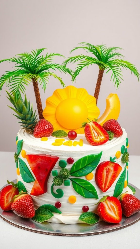 A tropical-themed birthday cake with palm trees, fruit decorations, and colorful icing.