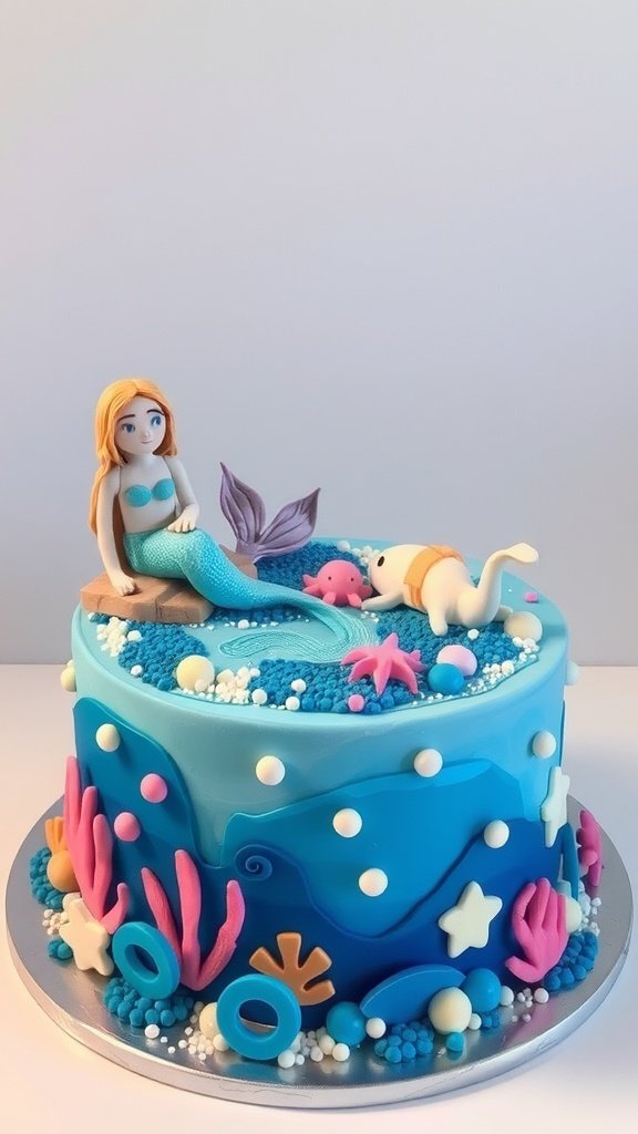 Under the Sea cake featuring a mermaid and colorful coral decorations.