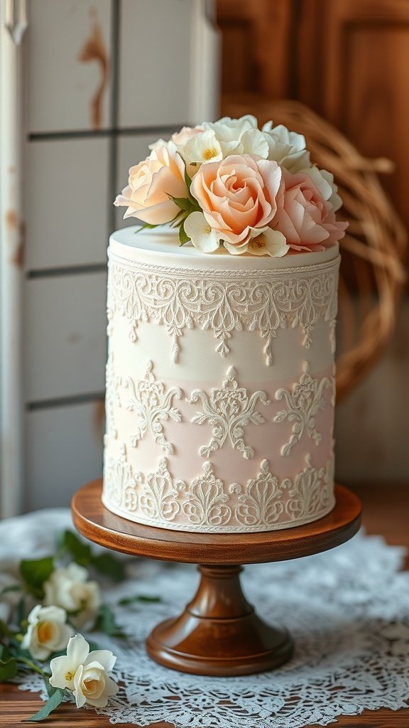 A vintage lace cake with delicate lace design and pastel flowers on a wooden stand.