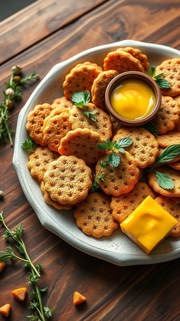 A plate of wholegrain mustard crackers with a small bowl of mustard and a piece of cheese.